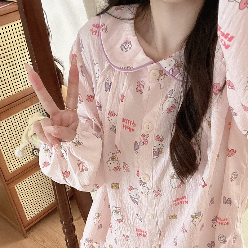 日系甜美可爱甜心Kitty睡衣少女春秋季泡泡棉长袖学生家居服套装