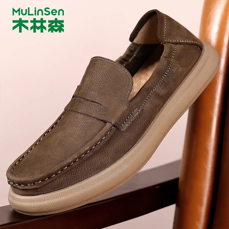 木林森2025新款时尚男士头层真皮豆豆休闲鞋男软日软面时尚潮流手