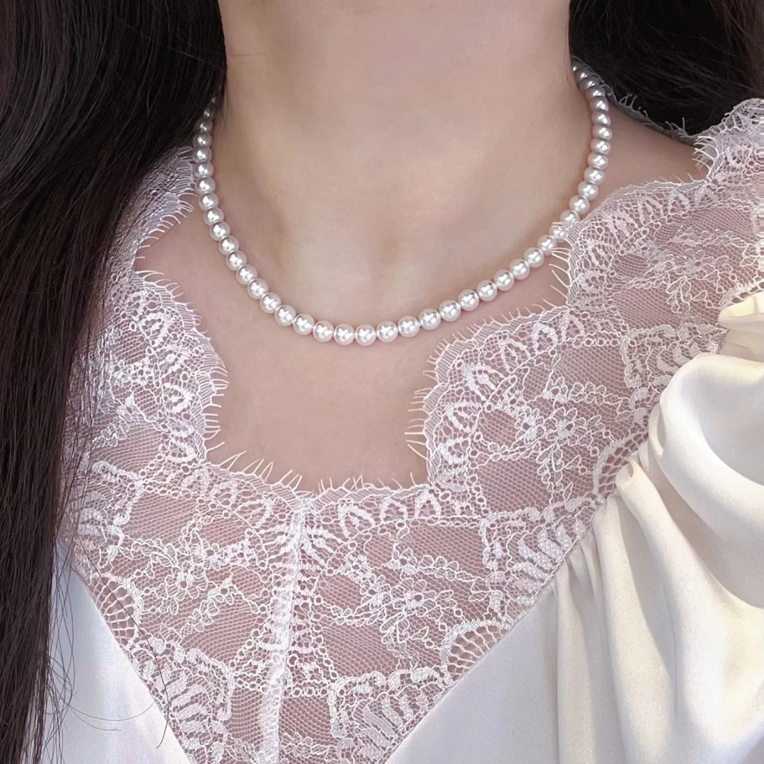 链子925银 6mm珍珠白正圆极光珠项链奥地利进口施家珍珠轻奢优雅