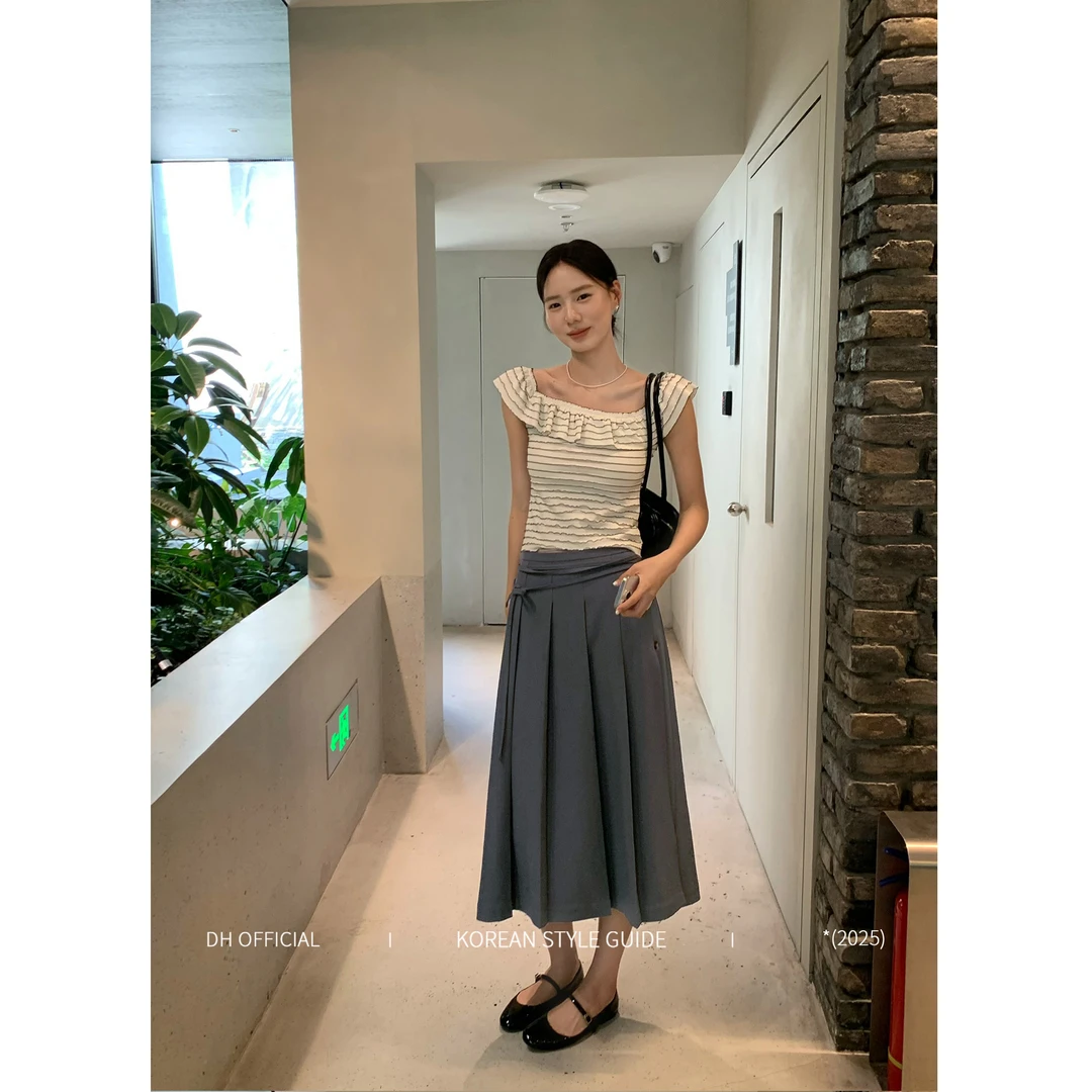DH OFFICIAL 大花【济州恋歌 tops】法式条纹一字肩荷叶边短袖上衣