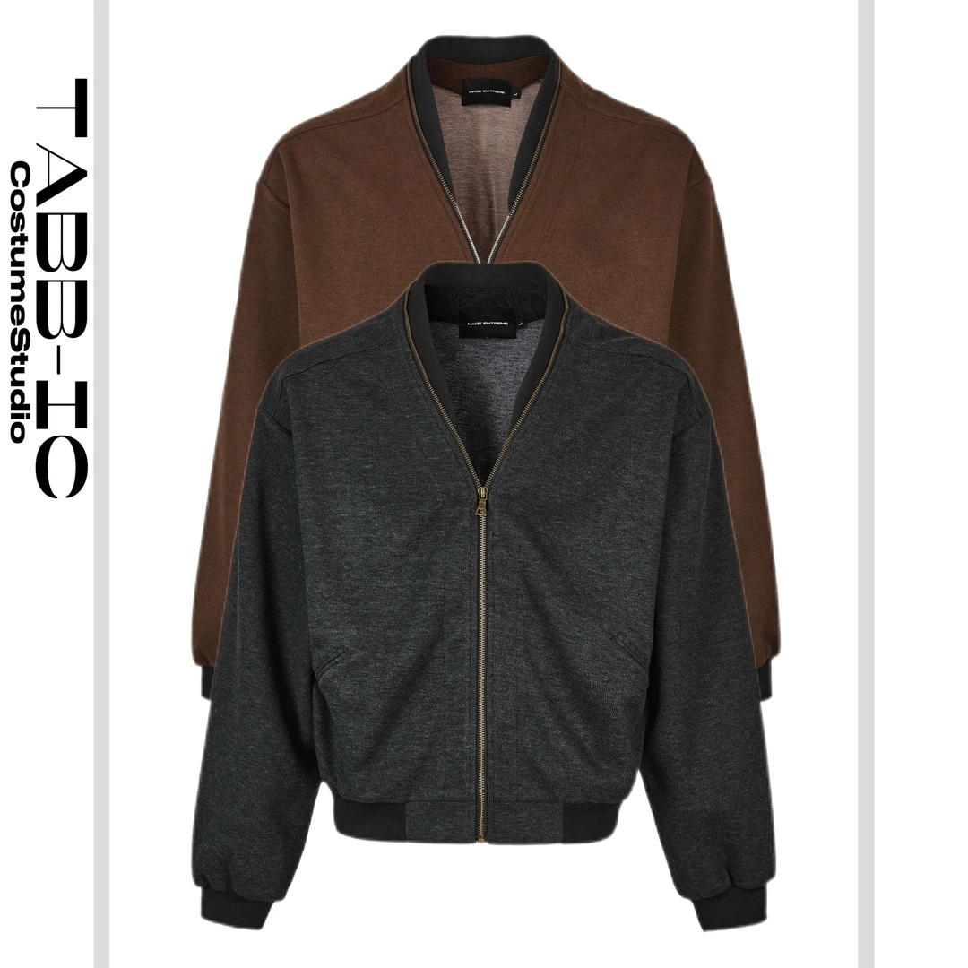 TABBIC25美式基础混纺轨道拉链道袍开衫复古外套纯色拉链棒球卫衣