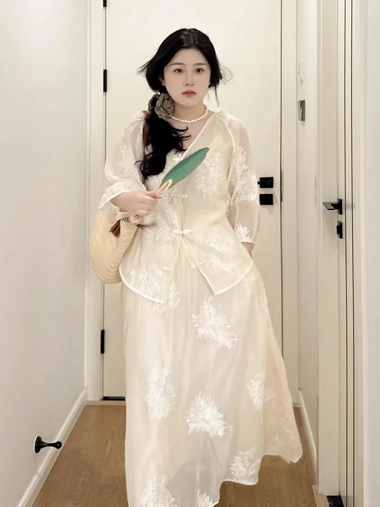 新中式女装夏季大码胖mm改良汉服白色国风套装禅意连衣裙两件套