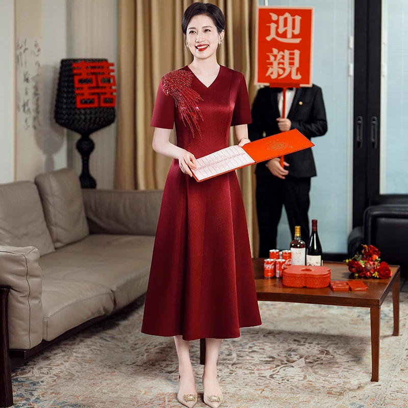 高个子喜婆婆喜妈妈婚宴装春夏婚礼服端庄大气爆款遮肚显瘦连衣裙