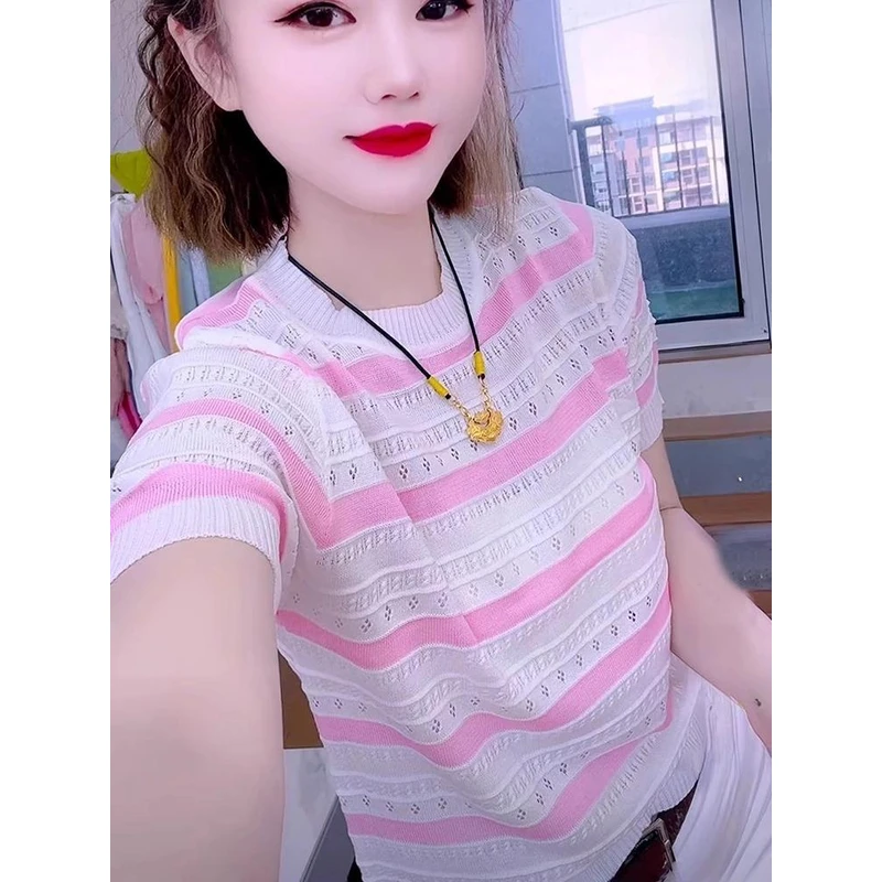 2025夏季新款圆领撞色条纹短袖针织衫女气质修身显瘦通勤简约上衣
