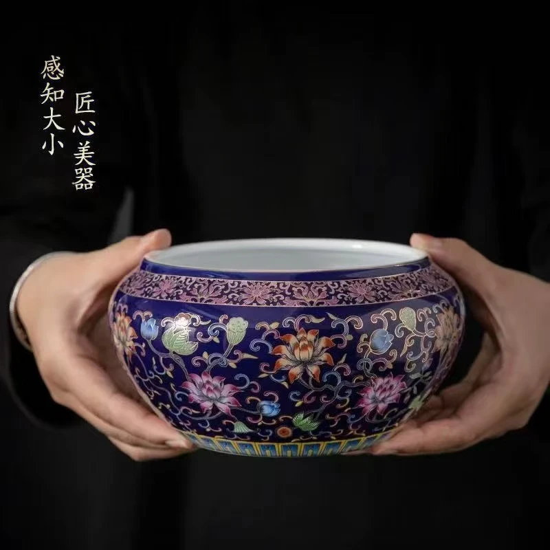 珐琅彩缠枝莲（蓝）茶洗缸H81