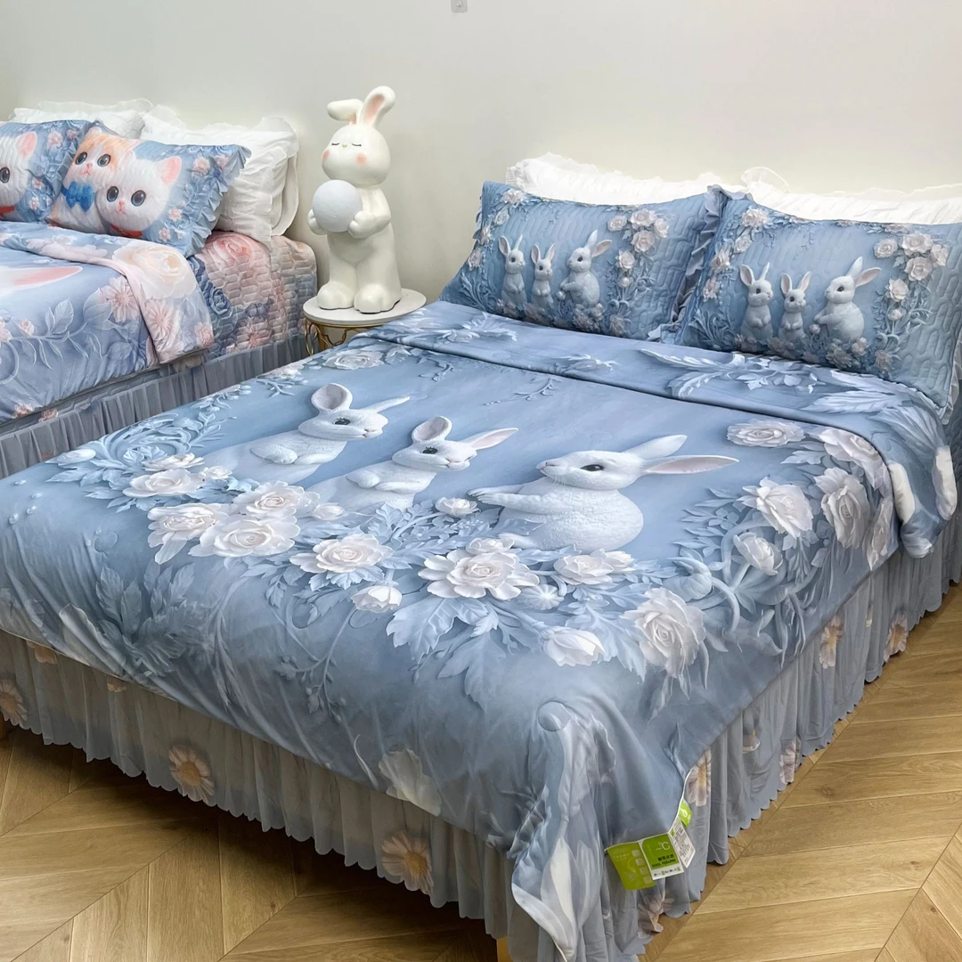 花丛兔新款凉感丝夏凉被床盖四件套7D立体软凉席夏天季亲肤床上用