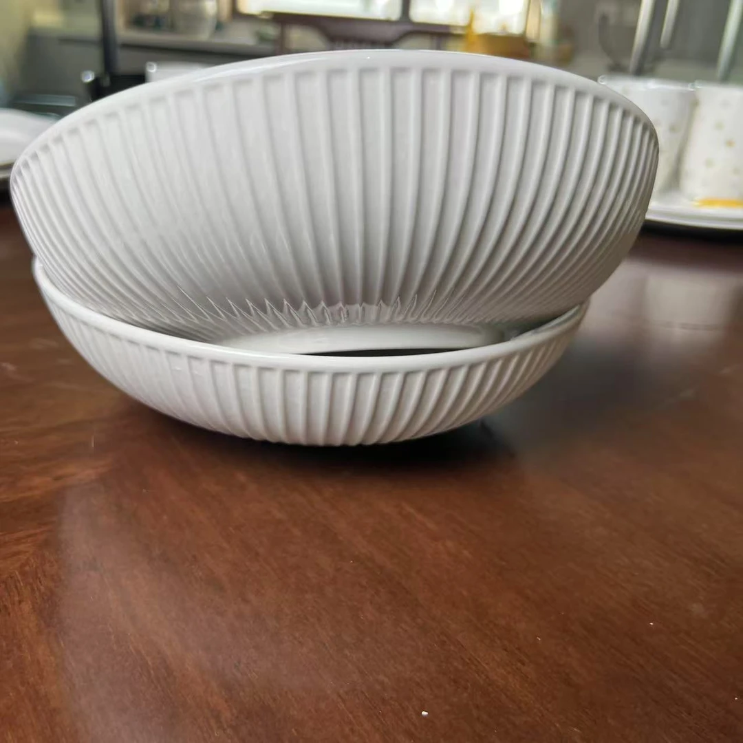 【9寸立体浮雕竖纹深汤盘】纯色色釉法式休闲风釉下彩