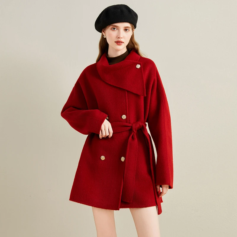新年红色千金风毛呢大衣围脖领减龄呢子外套高级感小个子呢子大衣