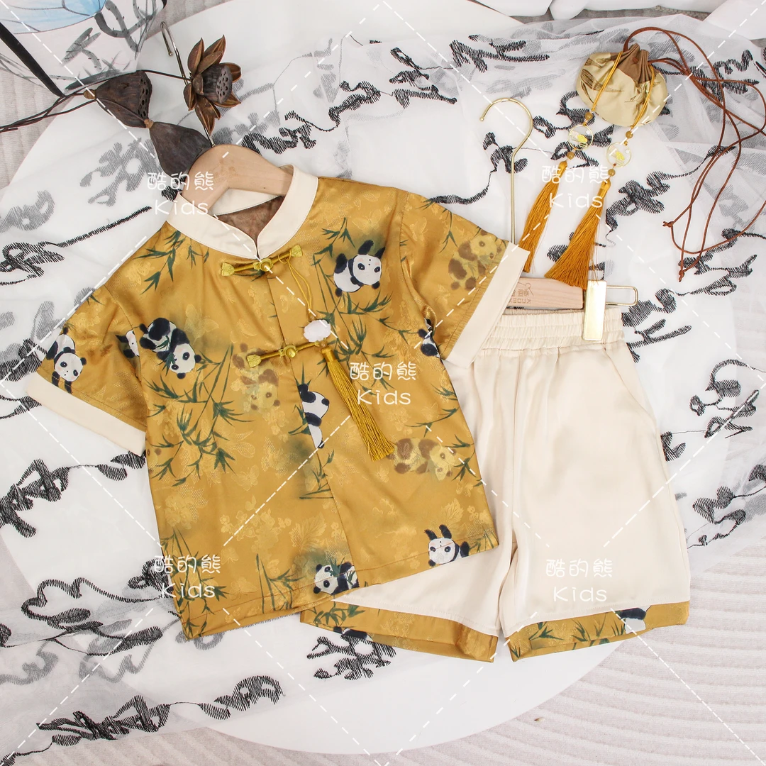 夏季儿童国风立领套装2025男童女童新中式熊猫短袖两件套D2S5-749