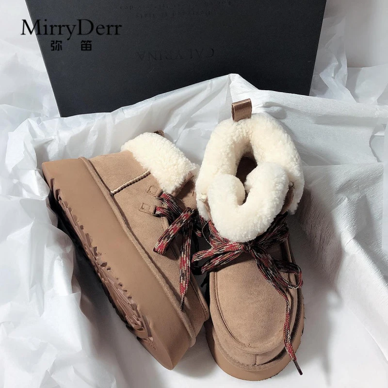 弥笛绒面厚底雪地靴新款毛毛大码前系带拼接加绒保暖中跟短靴女
