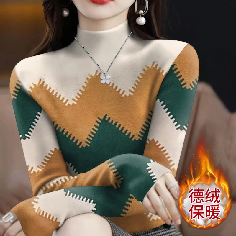 德绒保暖印花T恤女秋冬2025年新款宽松大码半高领套头长袖打底衫