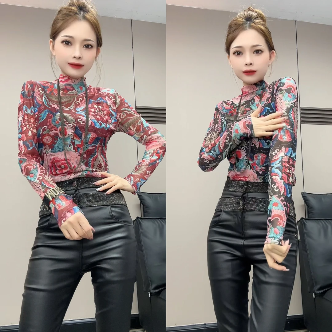 1371#P个性晕染花高领小衫女夏季新款长袖修身百搭显瘦老钱风网衫