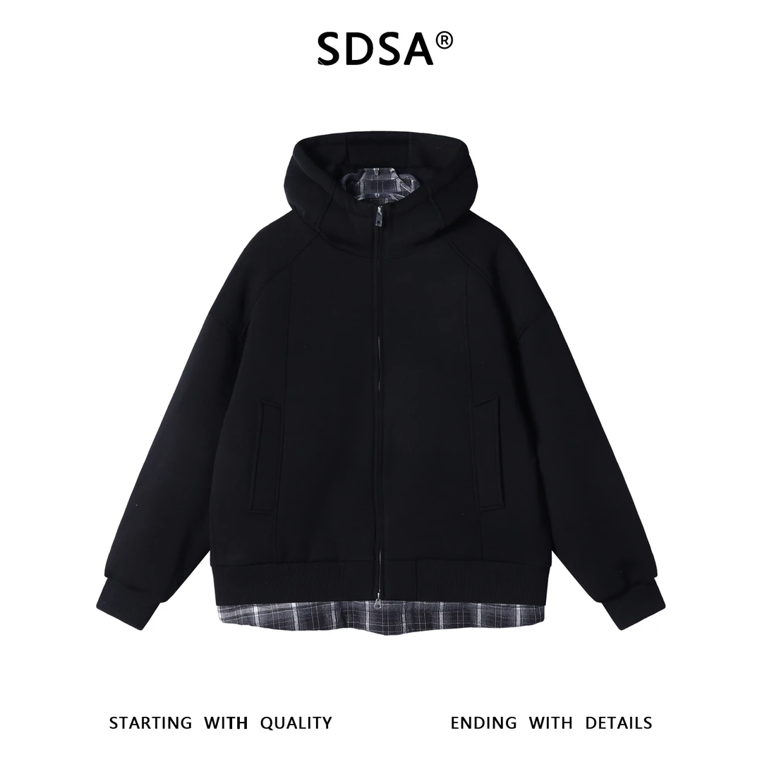 SDSA秋冬新款痞帅男装韩版下摆拼接拉链立领连帽羽绒服外套百搭