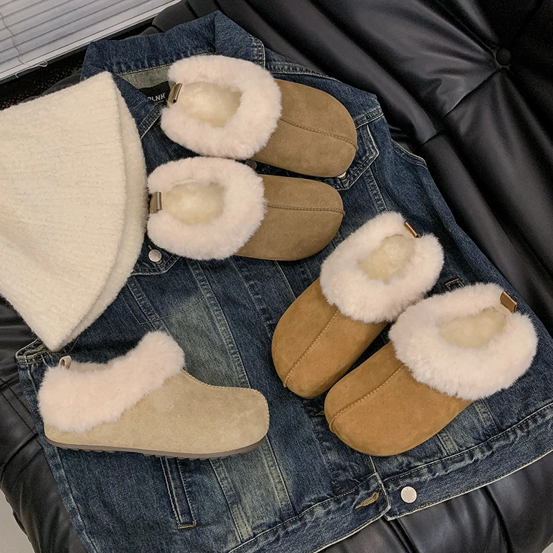 拼接厚底加绒勃肯鞋保暖毛毛雪地靴女内增高包头半拖女鞋