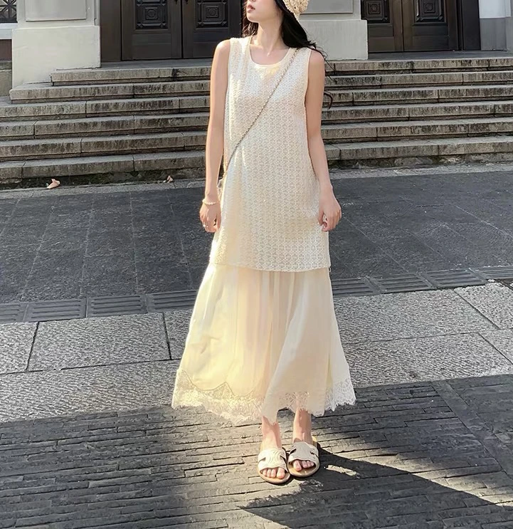 法式度假风假两件连衣裙女夏季2025新款无袖长裙