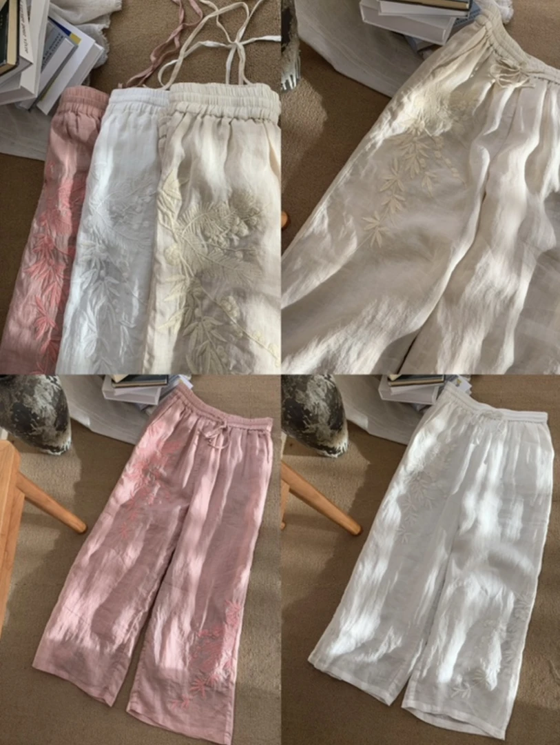 夏季新品纯色苎麻百搭重工刺绣口袋抽绳休闲双层直筒裤女CY 8006