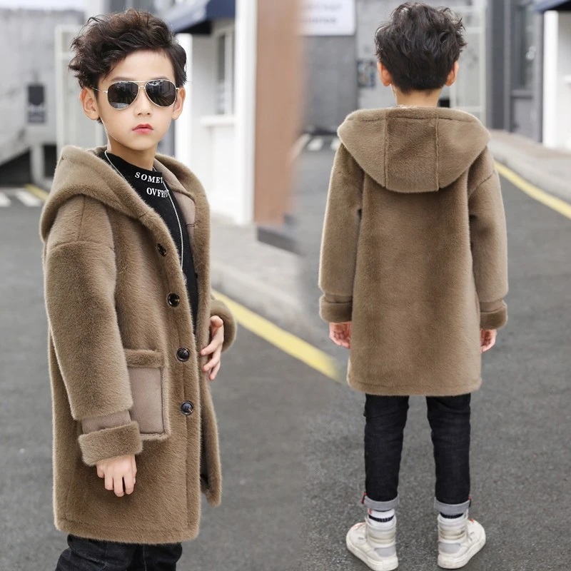 韩国男童秋冬羊绒外套新款毛呢大衣儿童洋气加绒中大童皮毛一体潮