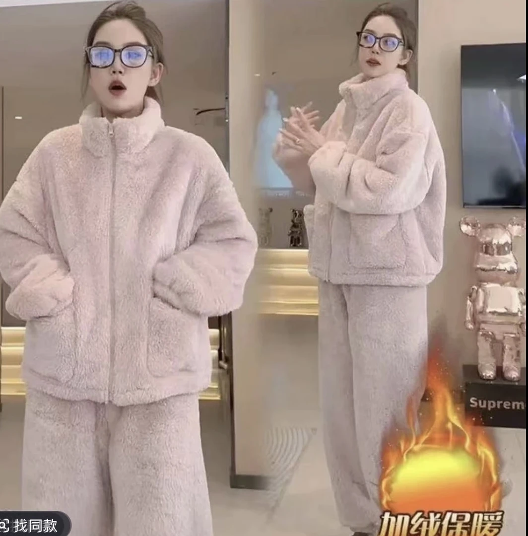 新款秋冬季休闲运动时尚百搭保暖拉链款珊瑚绒睡衣家居服套装0215