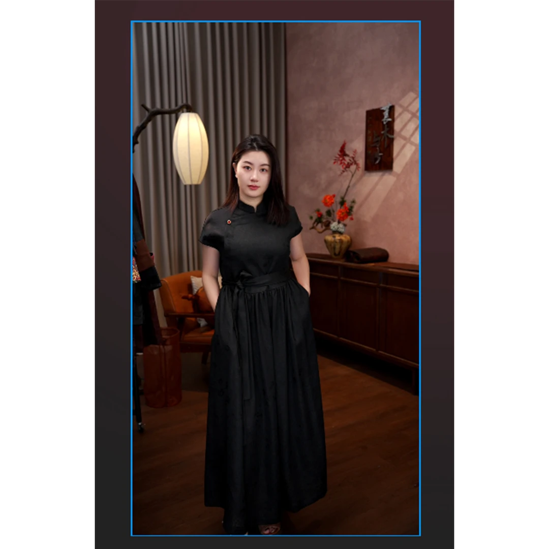 莨木与纱-香云纱四经绞萝立领斜开襟无袖连衣裙