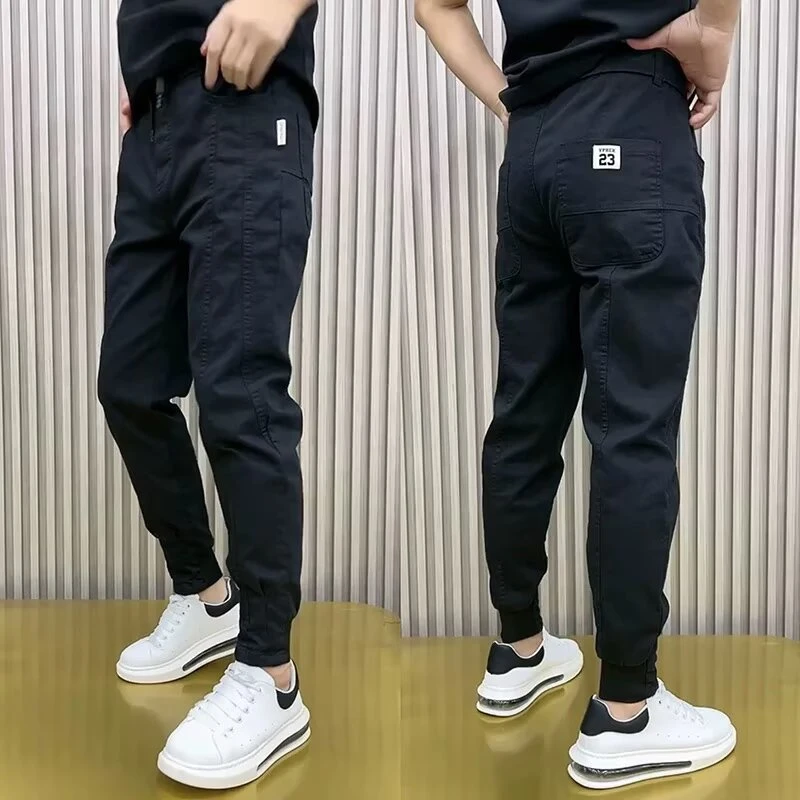 潮流百搭男士小脚哈伦裤痞帅修身弹力工装裤春季新款水洗棉休闲裤