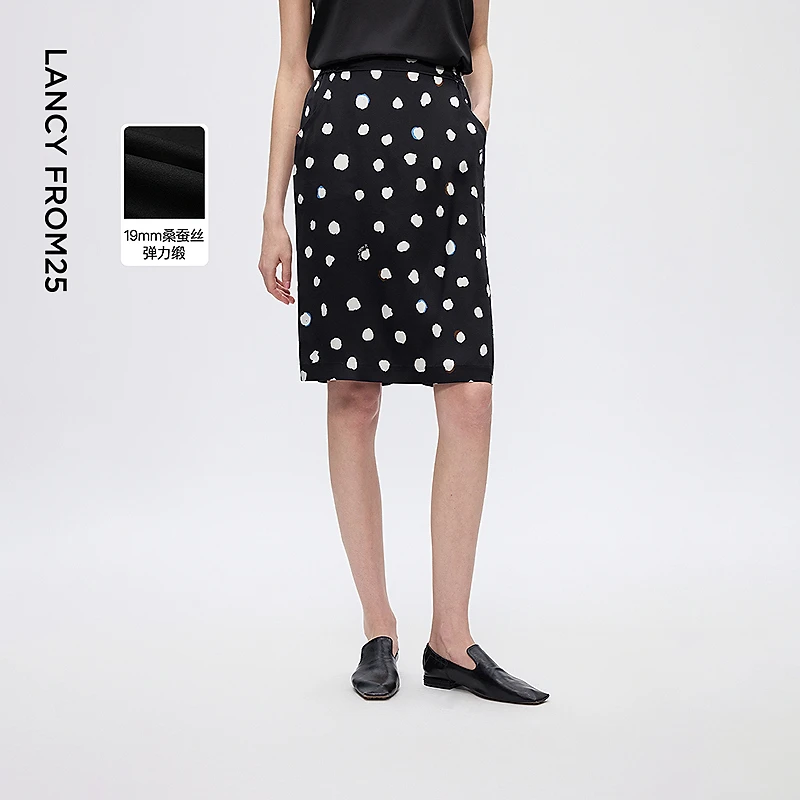 朗姿法式波点黑色半身裙桑蚕丝垂感优雅通勤风半裙2025年冬季新款