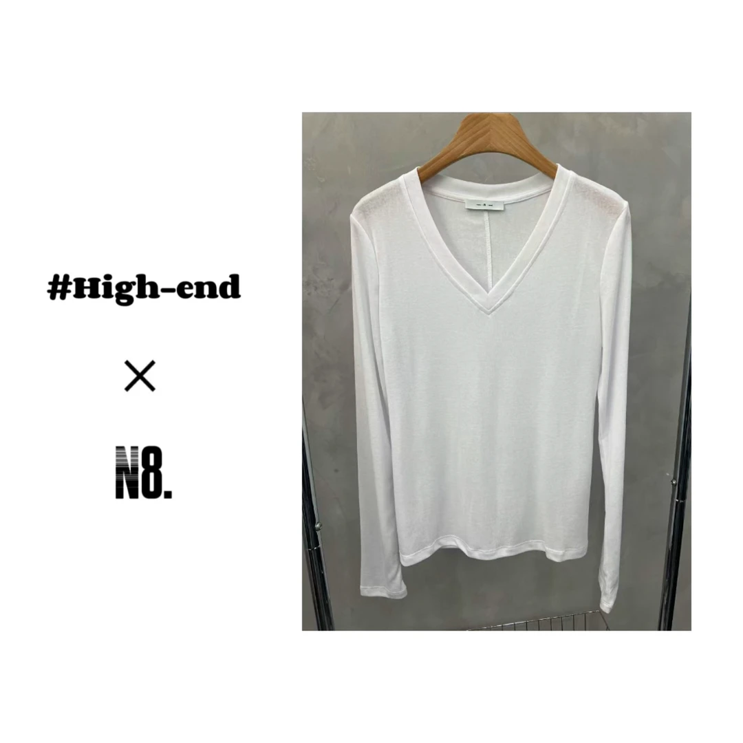 2025新款白色V领长袖T恤女春季百搭显瘦打底上衣519098