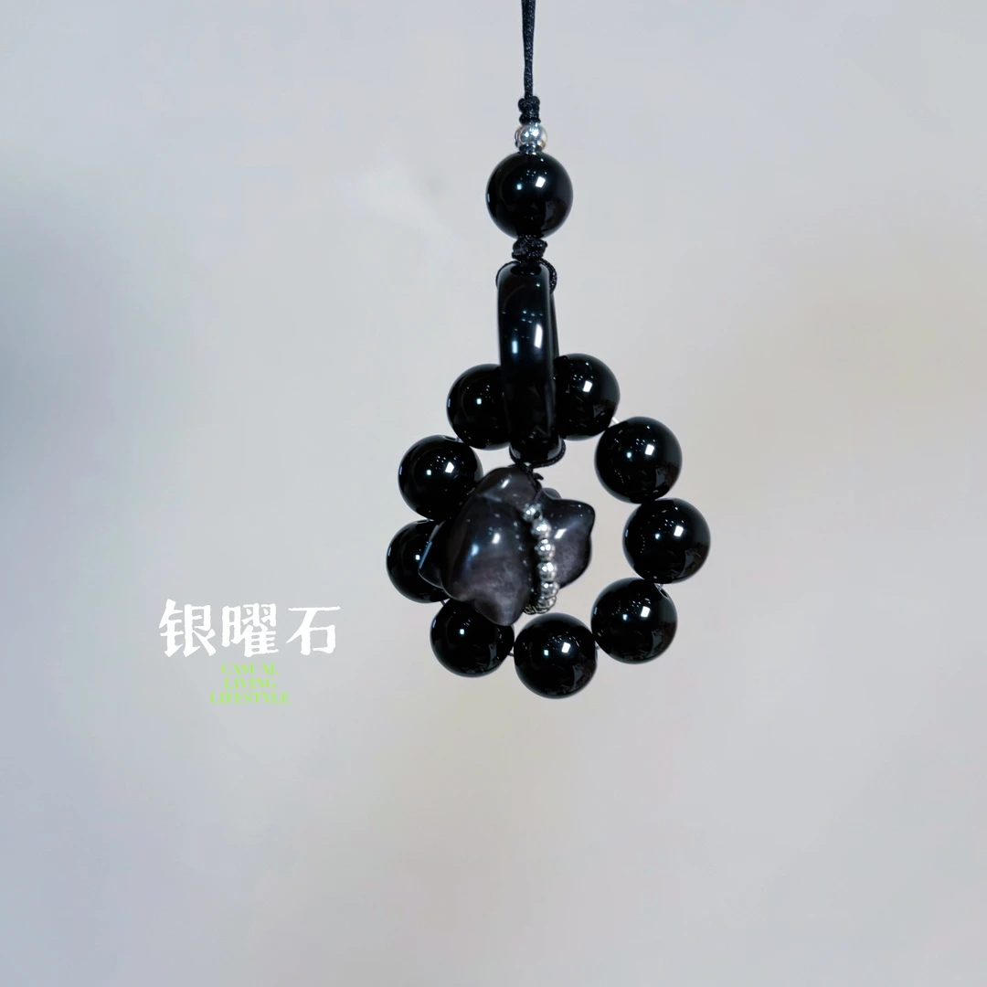 【十六珠宝】银曜石猫猫手机挂设计款TY132多样性发一