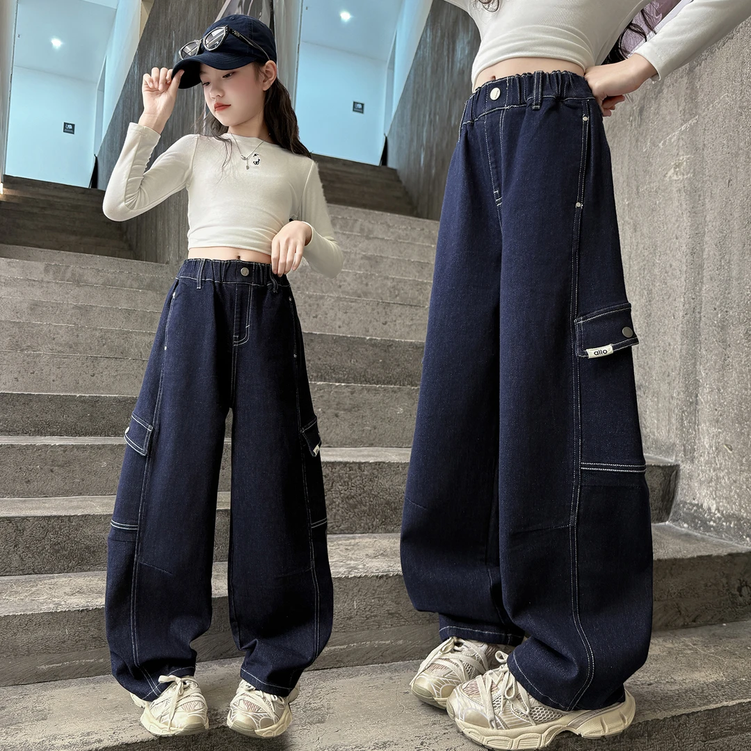 女童阔腿裤弯刀裤牛仔直筒裤儿童2025新款洋气春秋大童裤子工装裤