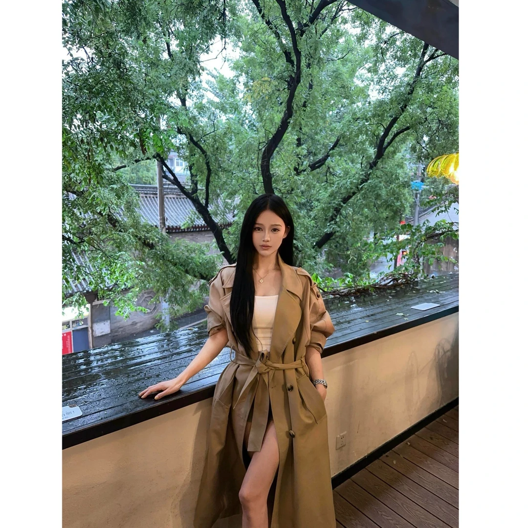韩系卡其色翻领中长款风衣女款春秋季高级感气质系带收腰大衣外套