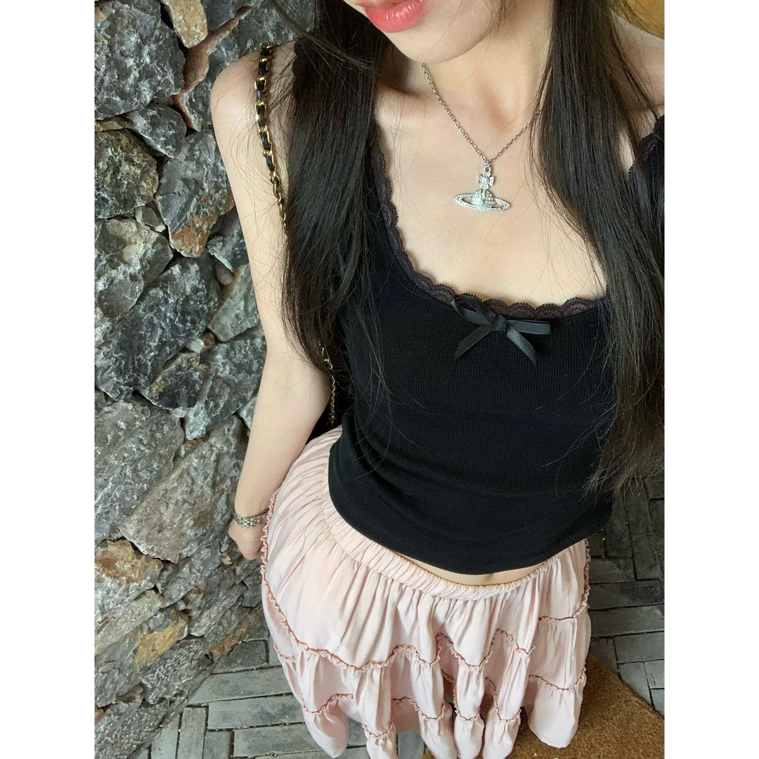 孟婆家【蓝岛日记】hhyi*蝴蝶结蕾丝花边针织背心上衣～