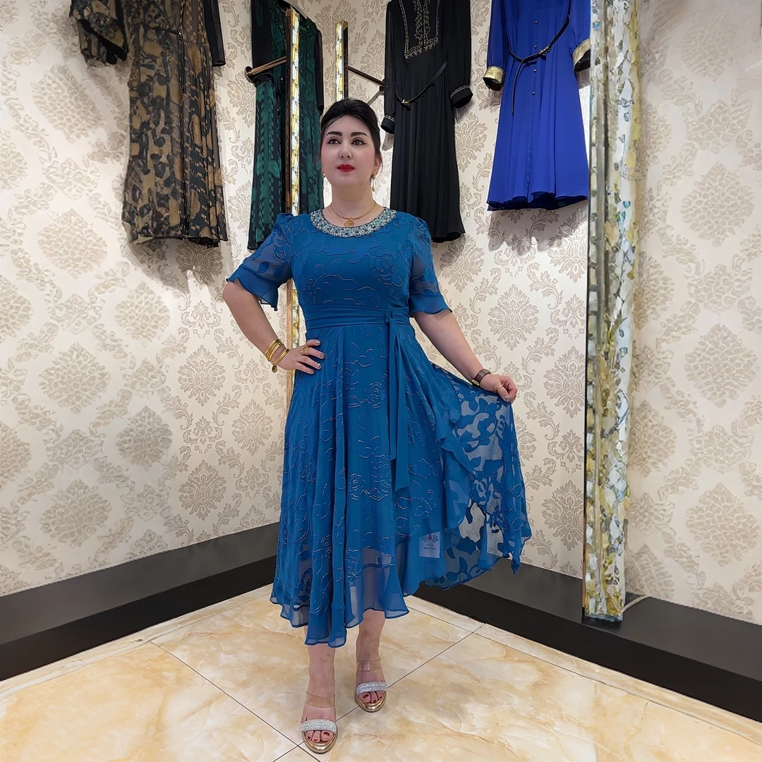 【MeiLiTan】大摆裙春夏常规九分袖连衣裙长款圆领洋气夏季气质显瘦