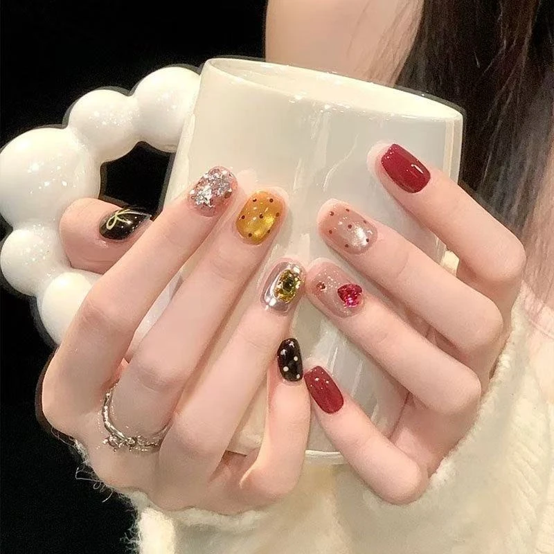 [焦糖树莓]手工穿戴甲夏日甜酷氛围撞色波点猫眼亮色辣妹风美甲