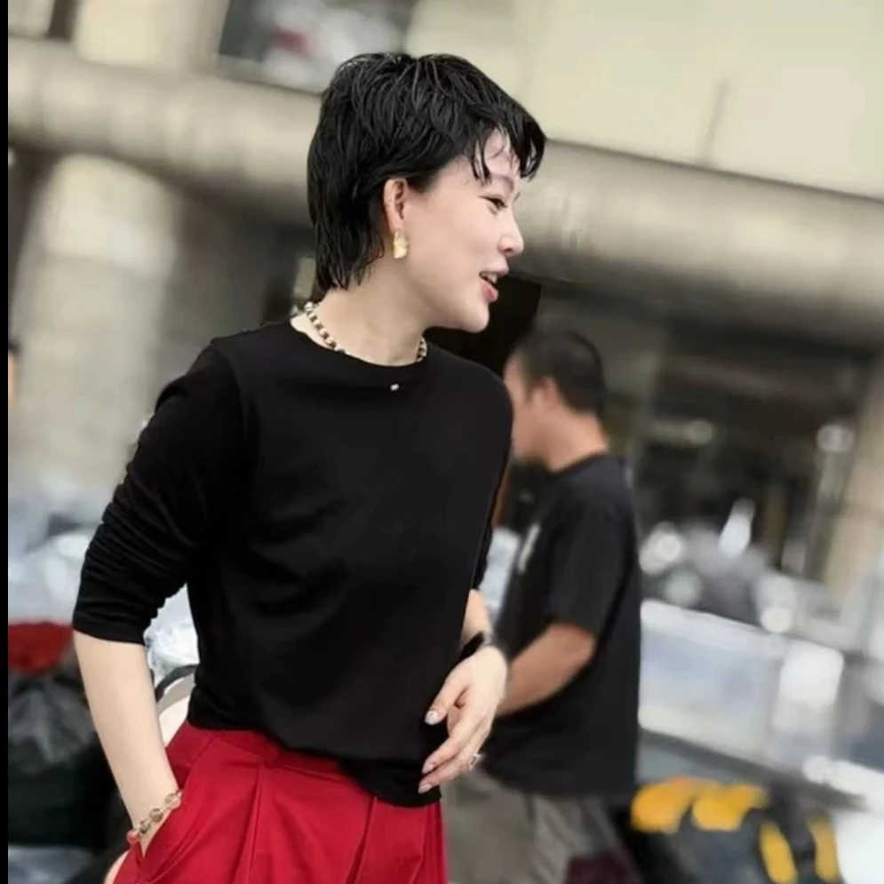 《回购再回购顶配T》秋季032女装圆领长袖T恤衫女士纯色百搭休闲