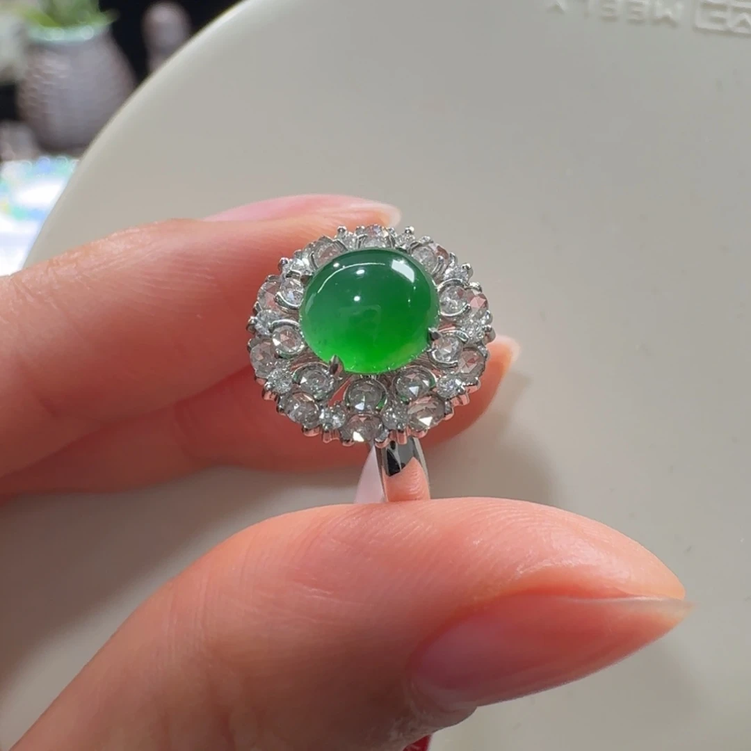 翡翠18K金镶嵌手链高冰正阳绿戒指7.2-6.6-4.6mm