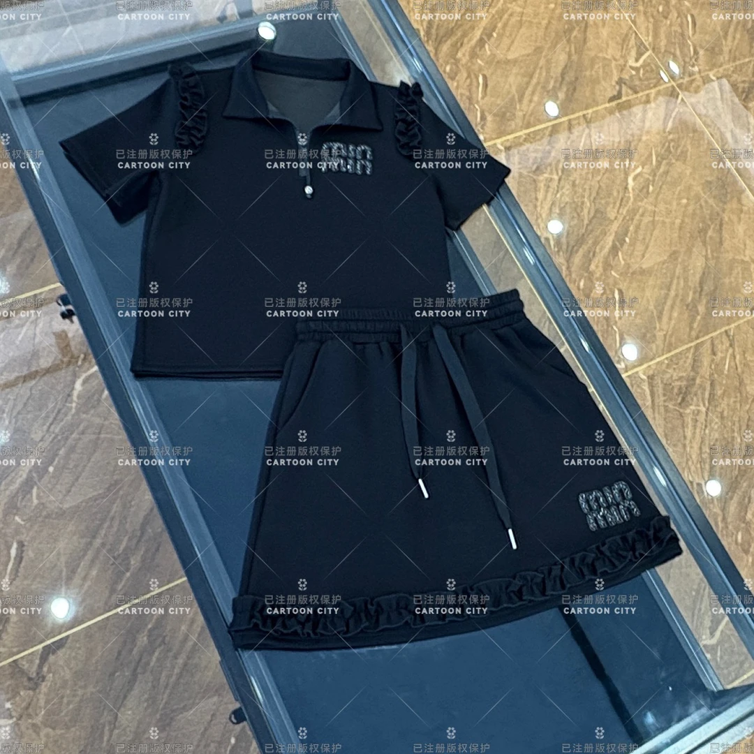 WMA-A394设计师款丨<重工字母>夏季T恤短裙休闲翻领时尚套装