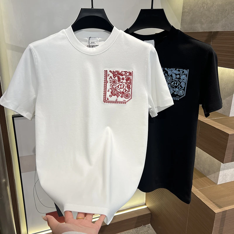 2025秋冬新款男士休闲时尚印花潮流短袖简约T恤纯色男装半袖