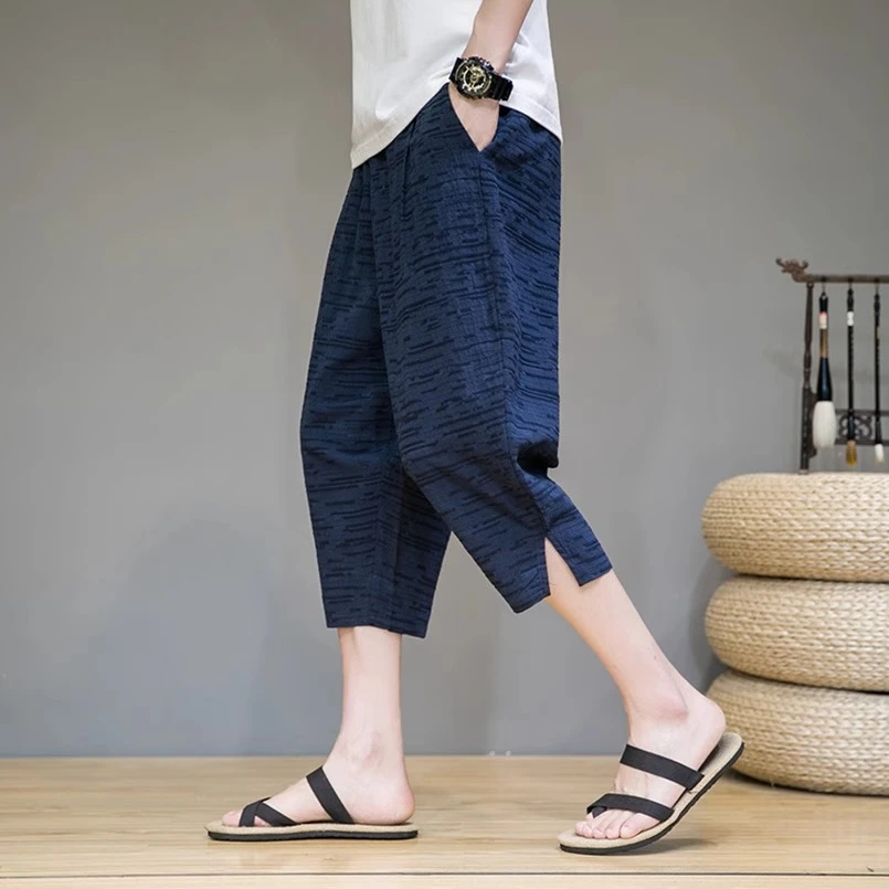 仓石一树七分裤男士夏季薄款宽松直筒棉麻裤子大码运动休闲亚麻裤