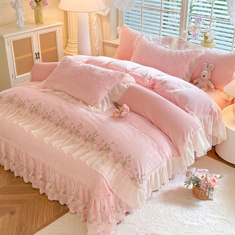 新款夹棉加厚牛奶绒床盖款四件套蕾丝花边床裙款双面绒被套可机洗