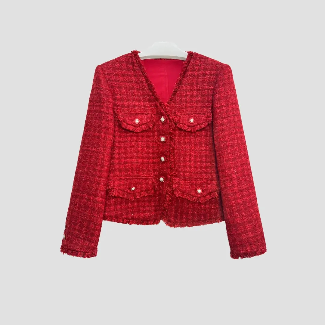 D0019橘子星2025秋季新款小香风短外套气质优雅女粗花呢红色