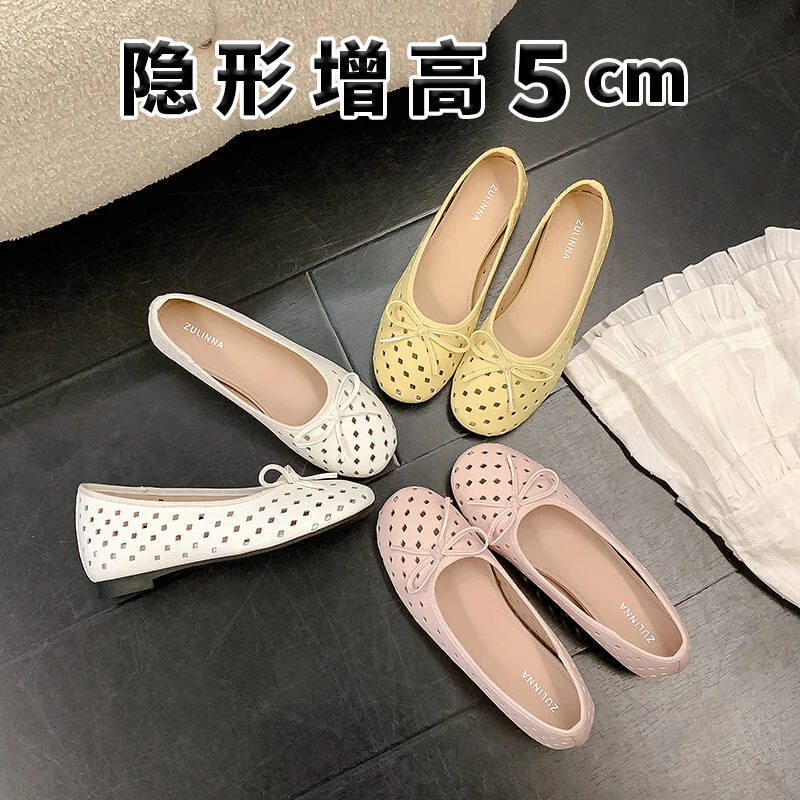 5cm内增高法式蝴蝶结玛丽珍鞋女2025夏季新款镂空休闲浅口单鞋女