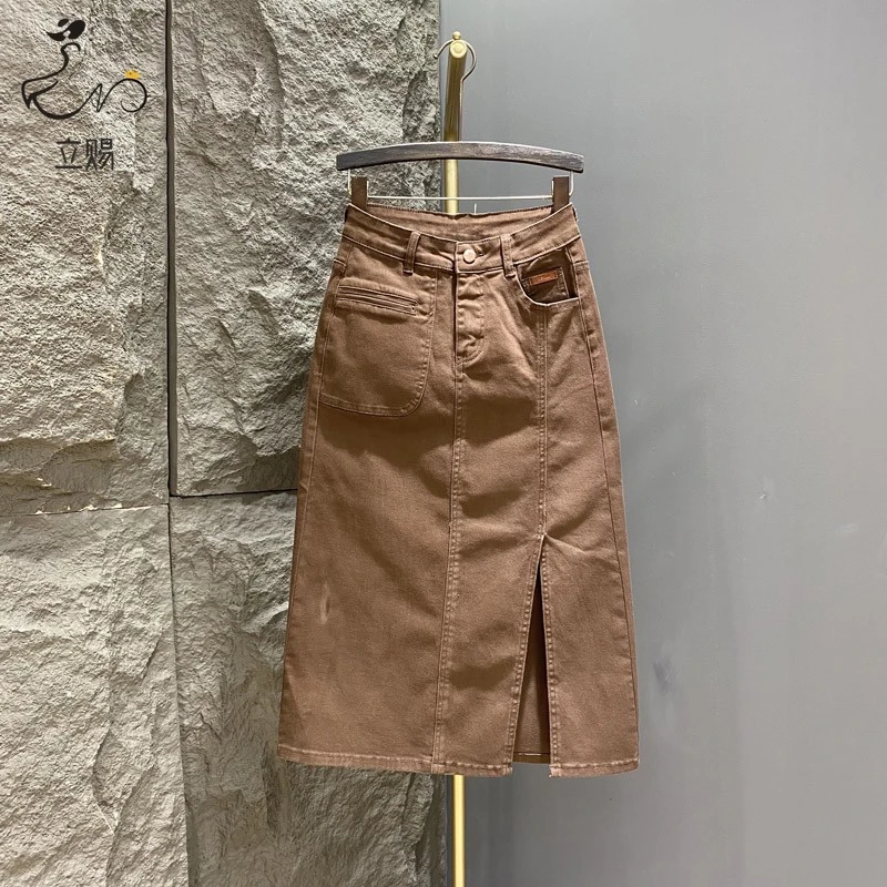 立赐黑色侧开叉牛仔半裙女202夏季新款弹力高腰气质包臀显瘦a字裙