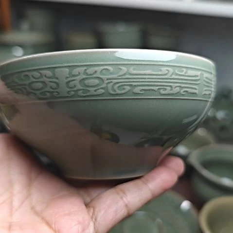 耀州窑饕餮纹米饭碗四只