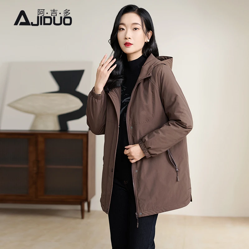 阿吉多长袖连帽中长款棉服女秋冬新款保暖时尚棉衣老钱风大码外套