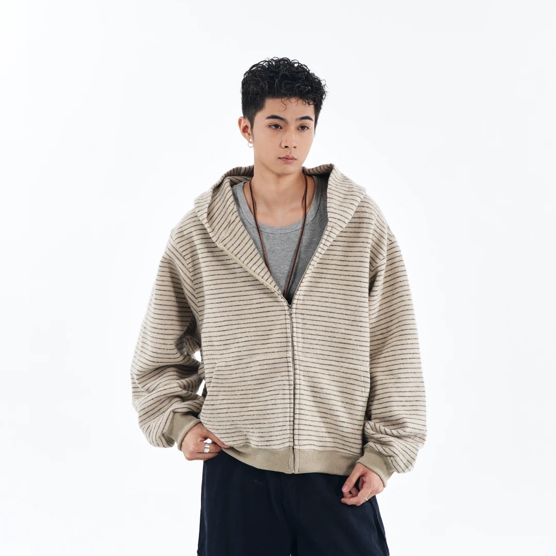 CZ2秋冬美式复古毛呢条纹连帽卫衣男女卫衣外套宽松休闲长袖上衣