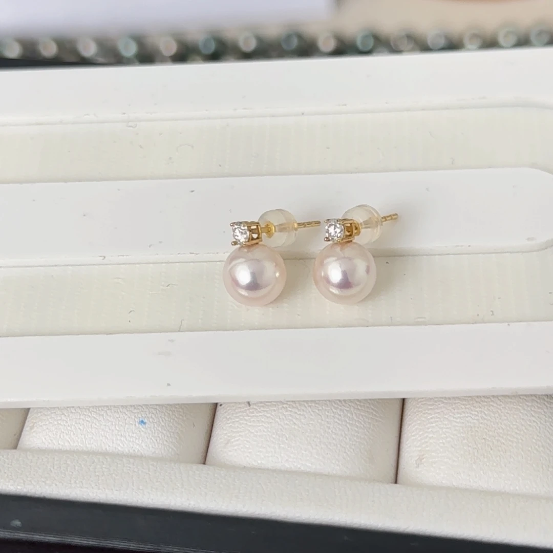 海水珍珠耳饰18K金镶嵌久**功Ak耳钉8-8.5mm爱