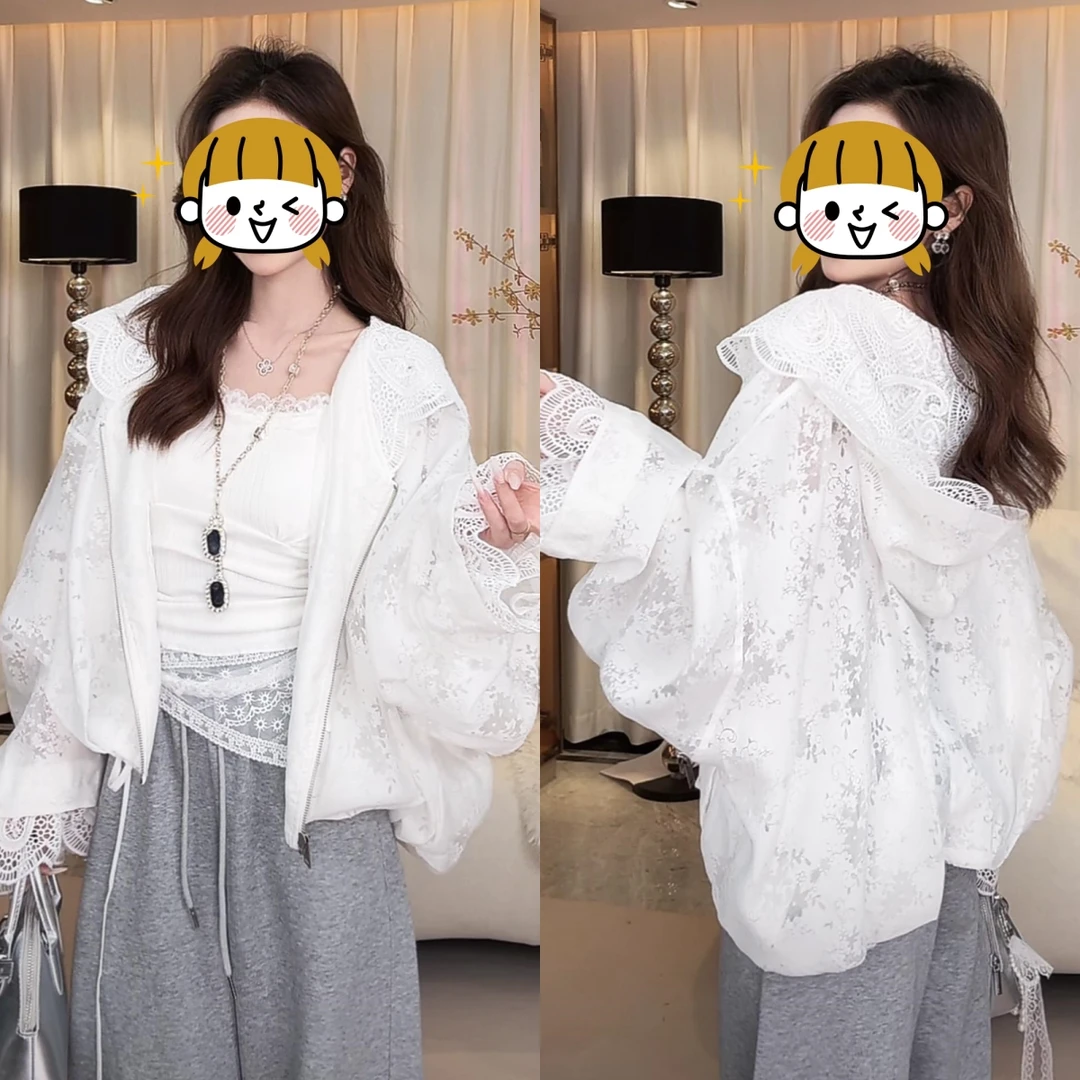 2025年春夏新款时尚气质宽松显瘦设计感蕾丝拼接连帽开衫短外套女