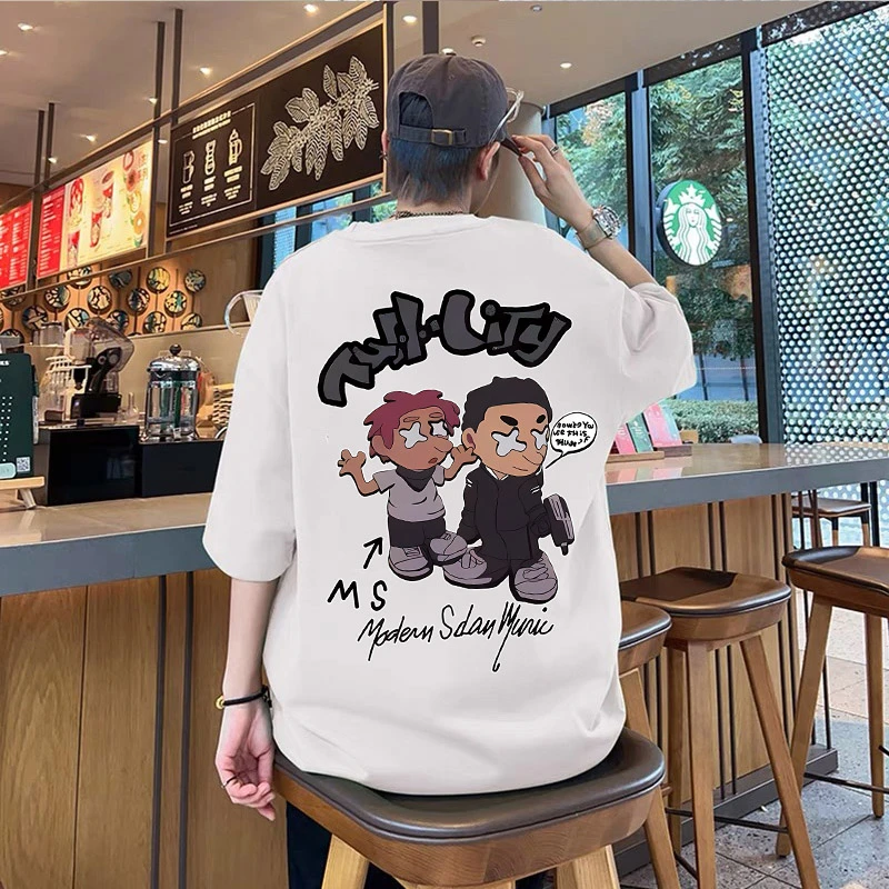 100%纯棉短袖t恤男生宽松大码上衣美式潮流学生百搭圆领半截袖ins