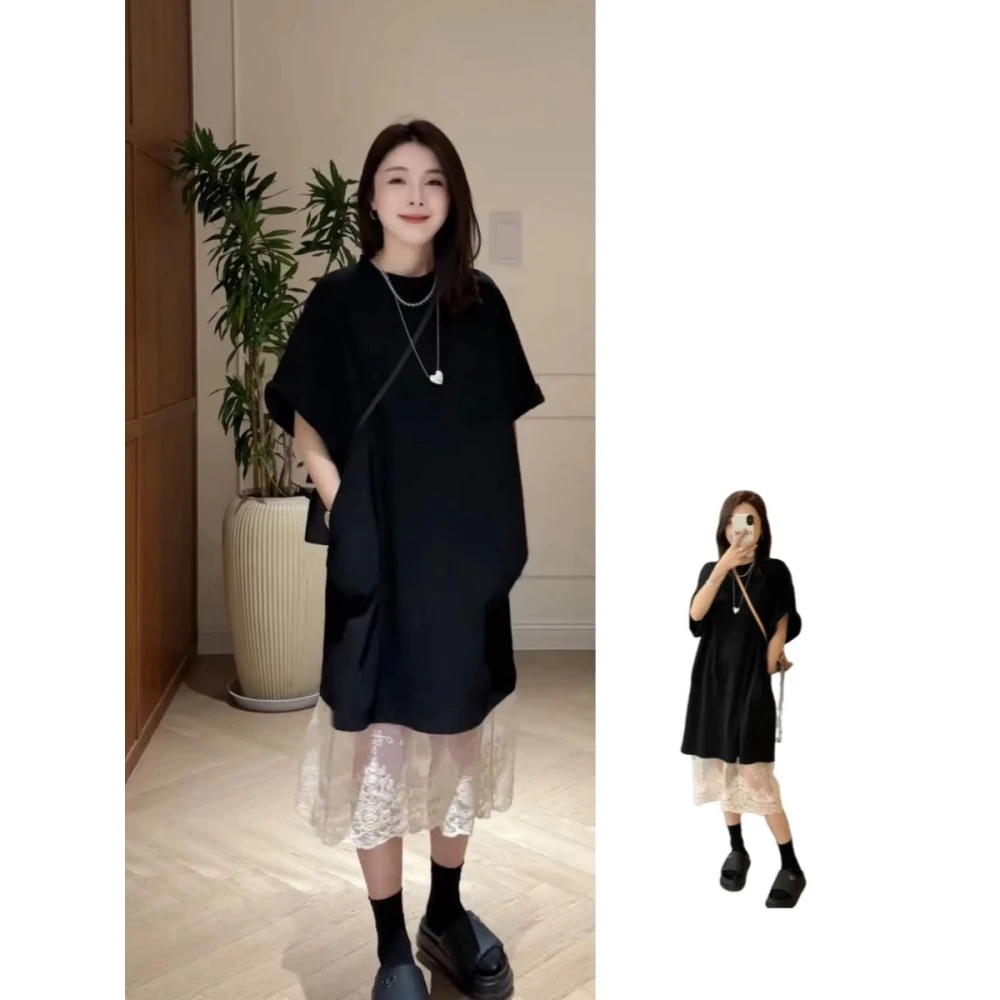 法式拼接连衣裙女2025夏季新款韩系宽松遮肉显瘦T恤裙甜美鱼尾裙