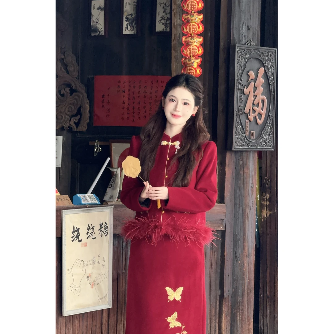 LiLi李李家【蝶舞】新中式重工蝴蝶珠绣羽绒服红色套装XMZH10939