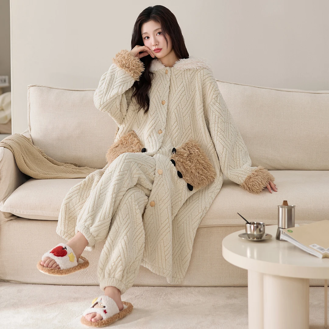 珊瑚绒睡袍女2025冬季新款加绒加厚保暖连帽长袖开衫家居服套装